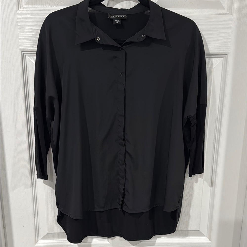 Metaphor Black Relaxed 3/4 Sleeve Notched Collar Shirt
